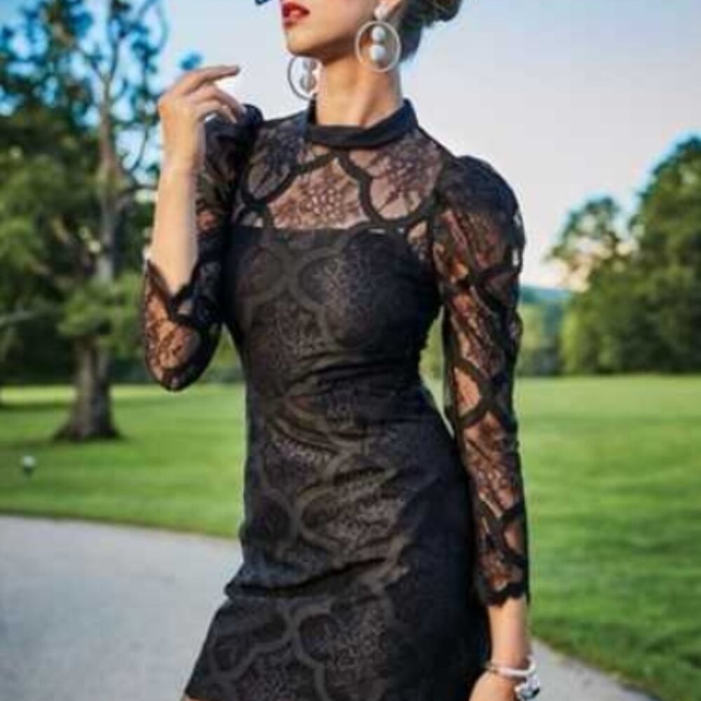 Sandro Paris Coeur Black Lace High Neck Long Sleeve Mini Dress M $395